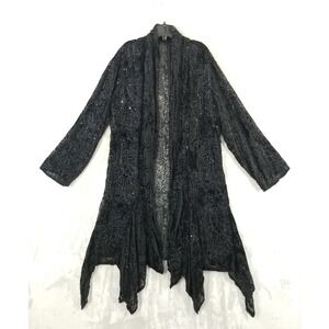 Vtg Duster 2XL Black Velvet‎ Burnout Sequin Handkerchief Hem Witchy Whimsigoth